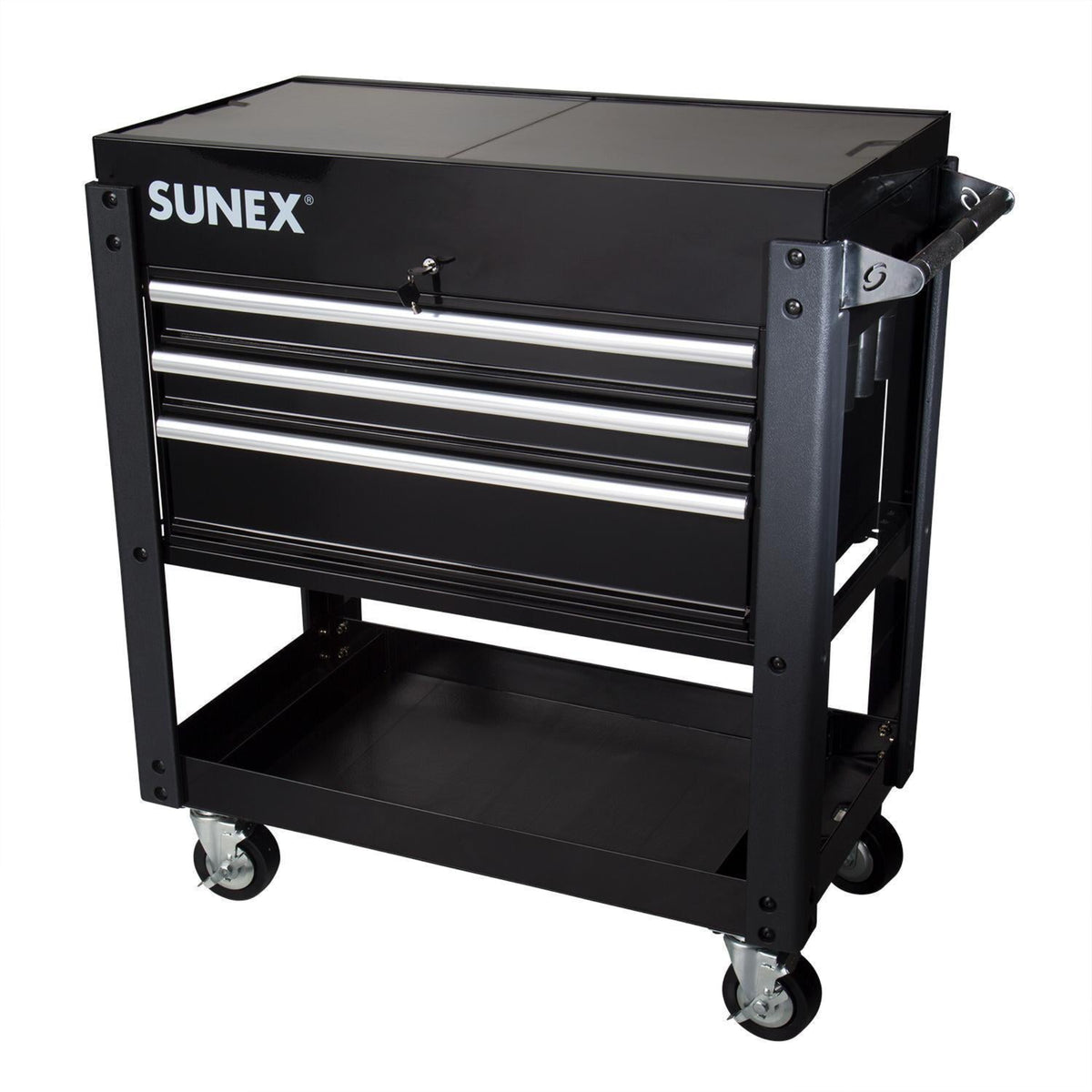 SUNEX 3-Drawer Slide Top Utility Cart with Power Strip, Black, 500 lb Capacity