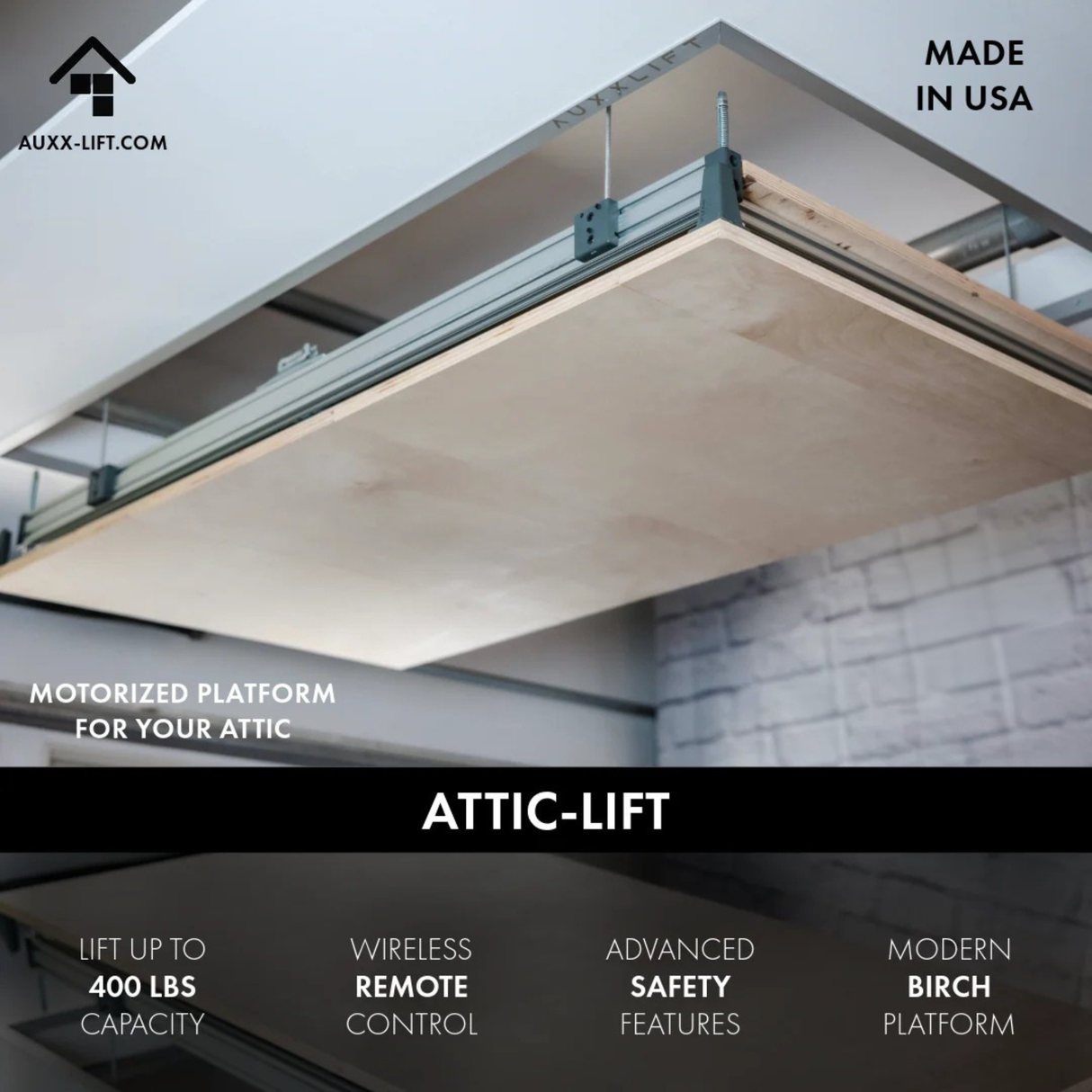 Auxx-Lift Attic-Lift Motorized Attic Storage Platform Lift – Up to 400 lb Through-Ceiling Lift with Wireless Remote, Assembled in USA
