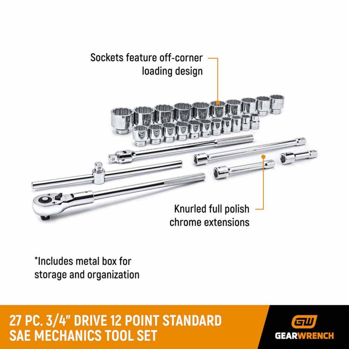 GearWrench 80880 27-Pc 3/4" Drive 12-Point SAE Socket Set — 7/8" to 2-3/8", Metal Case