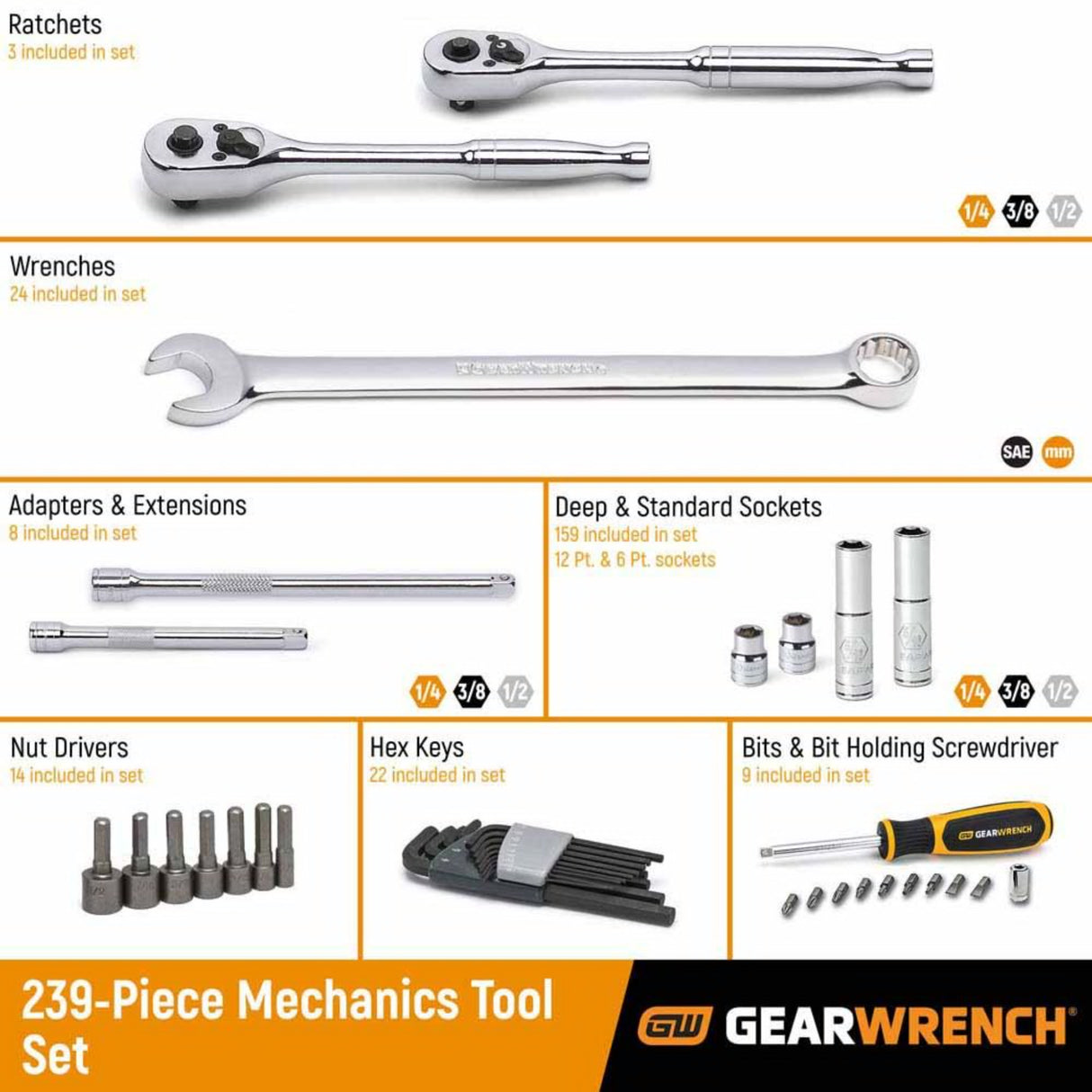 GearWrench 80942 239-Pc Mechanics Tool Set — 1/4", 3/8", 1/2" Drive, 3-Drawer Storage Box