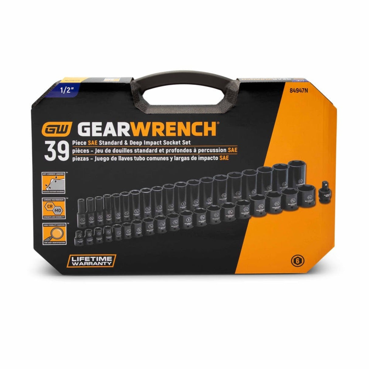 GearWrench 84947N 39-Pc 1/2" Drive 6-Point SAE Impact Socket Set — Standard & Deep