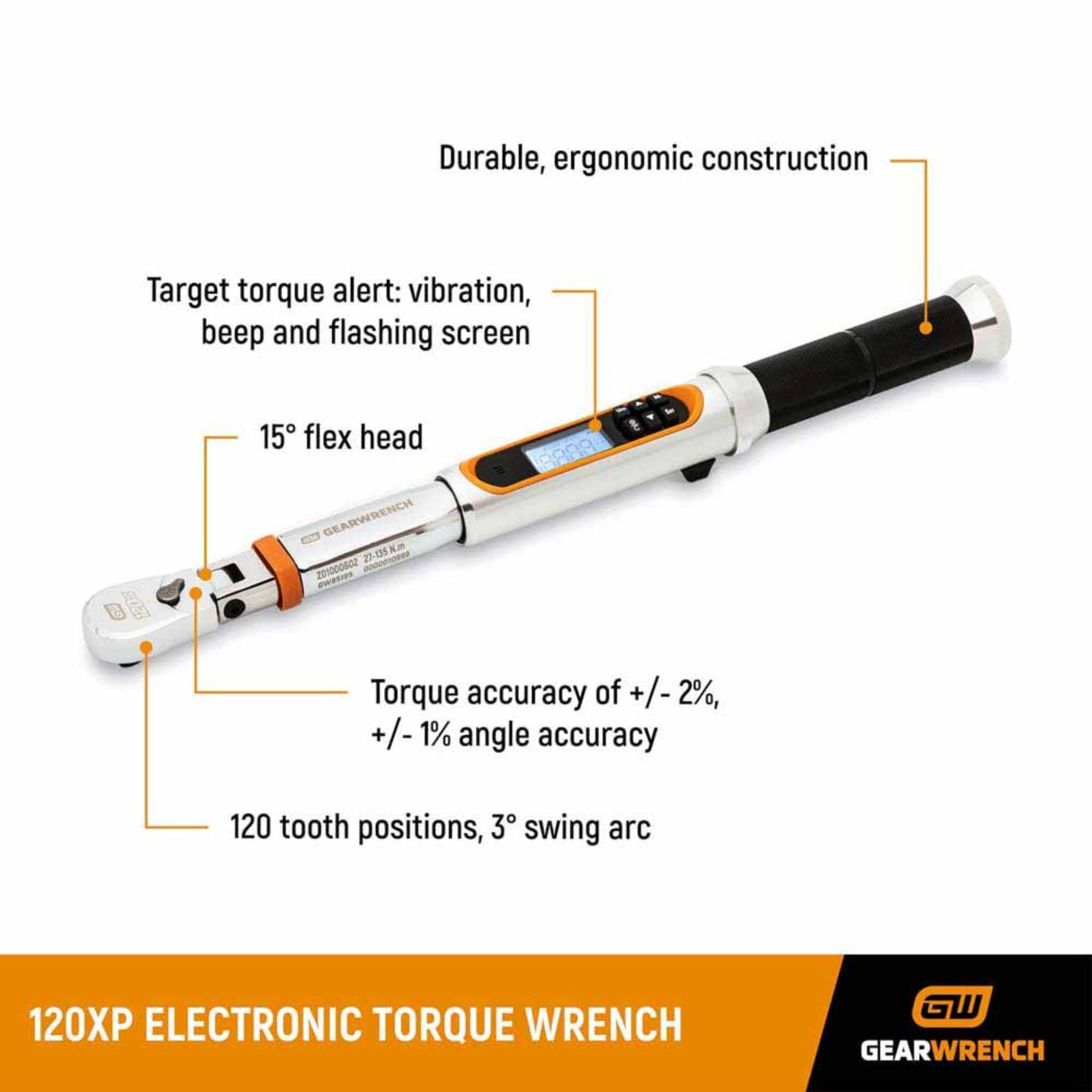 GearWrench 85196 1/2" Drive 120XP Flex Head Electronic Torque Wrench — 25-250 ft/lb, Angle