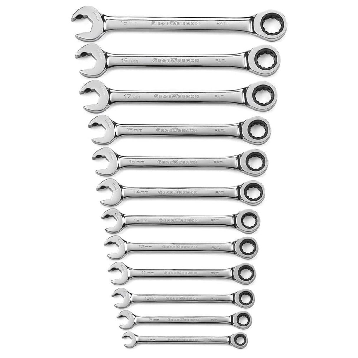 GearWrench 85597 12-Pc 72-Tooth 12-Point Open End Ratcheting Wrench Set — Metric 8-19mm