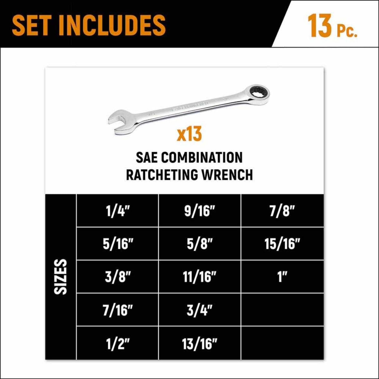 GearWrench 9312 13-Pc 72-Tooth 12-Point Ratcheting Combination Wrench Set — SAE