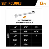 GearWrench 9312 13-Pc 72-Tooth 12-Point Ratcheting Combination Wrench Set — SAE