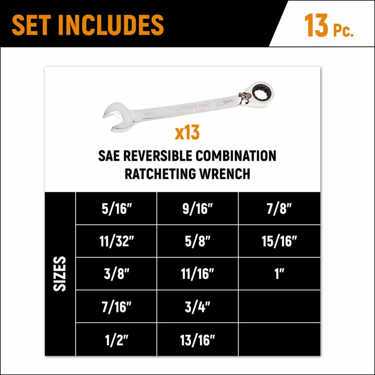 GearWrench 9509N 13-Pc 72-Tooth 12-Point Reversible Ratcheting Wrench Set — SAE 5/16" to 1"