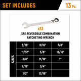 GearWrench 9509N 13-Pc 72-Tooth 12-Point Reversible Ratcheting Wrench Set — SAE 5/16" to 1"