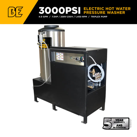 BE Power 3,000 PSI 230V 3-Phase Hot Water Pressure Washer