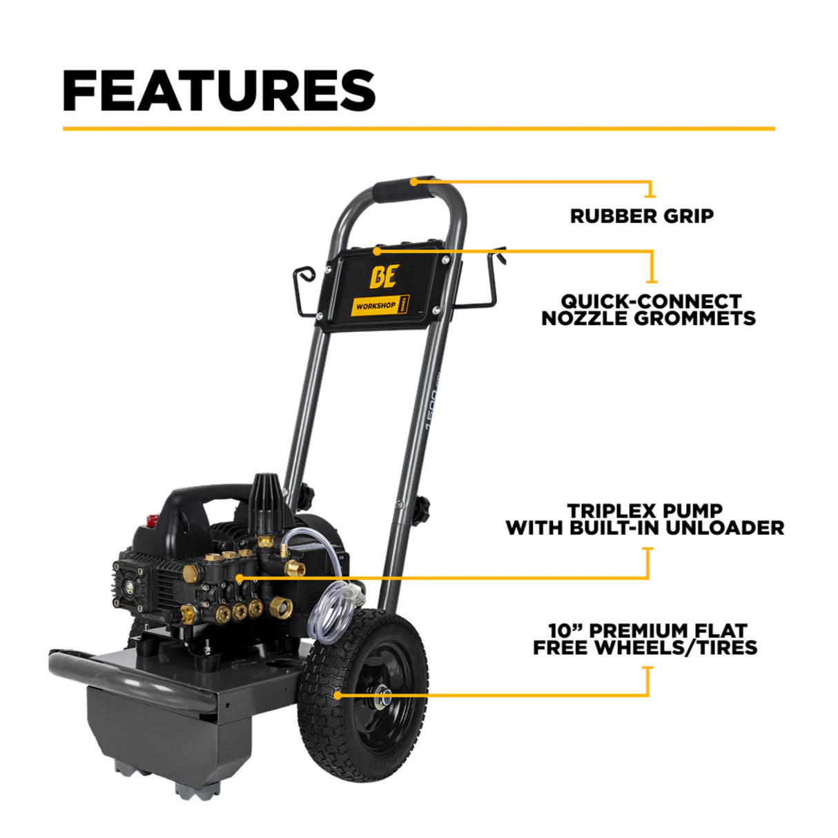 BE Power 1,500 PSI 1.6 GPM Workshop Electric Pressure Washer