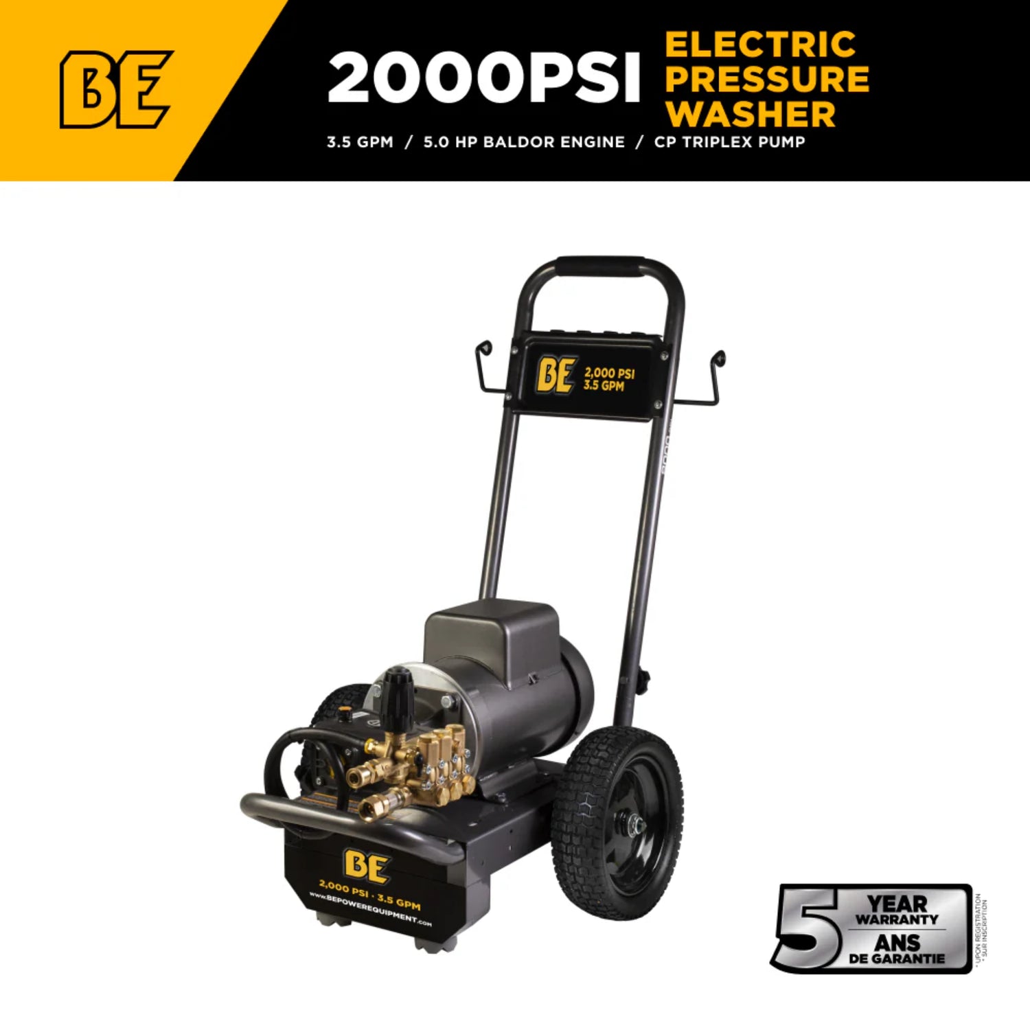 BE Power 2,000 PSI Electric Pressure Washer with Baldor 5.0 HP Motor