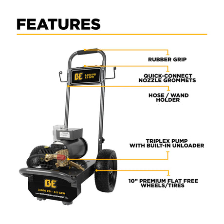 BE Power 2,000 PSI Plug-In Electric Pressure Washer with Baldor 5.0 HP Motor
