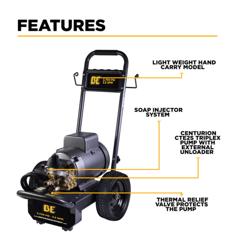 BE Power 2,700 PSI 3.5 GPM Commercial Electric Pressure Washer