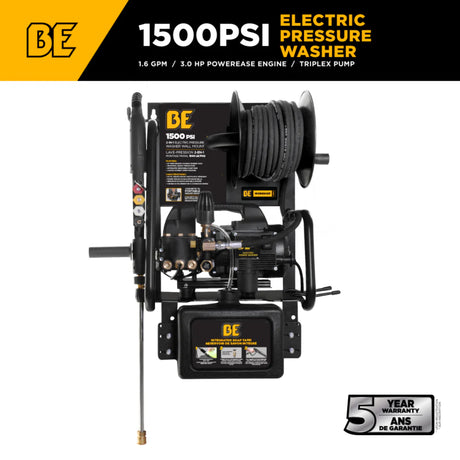 BE Power 1,500 PSI Electric Pressure Washer with Powerease & Triplex Pump