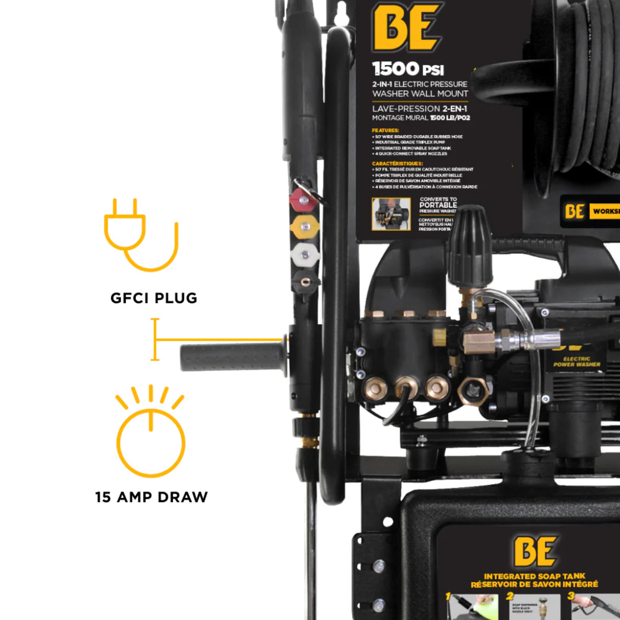 BE Power 1,500 PSI Electric Pressure Washer with Powerease & Triplex Pump