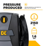 BE Power P2115EN 2,150 PSI 1.6 GPM Cold Water Electric Pressure Washer
