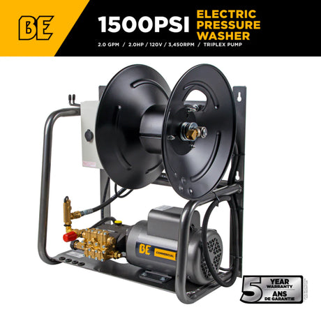 BE Power 1,500 PSI Hot-Water-Capable Wall-Mount Electric Pressure Washer with Baldor Motor