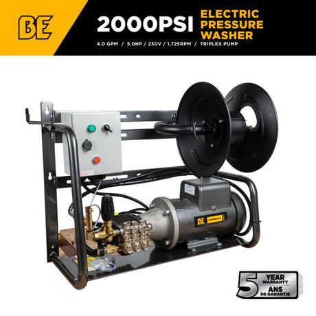 BE Power 2,000 PSI Hot-Water-Capable Wall-Mount Electric Pressure Washer with Baldor 5.0 HP Motor
