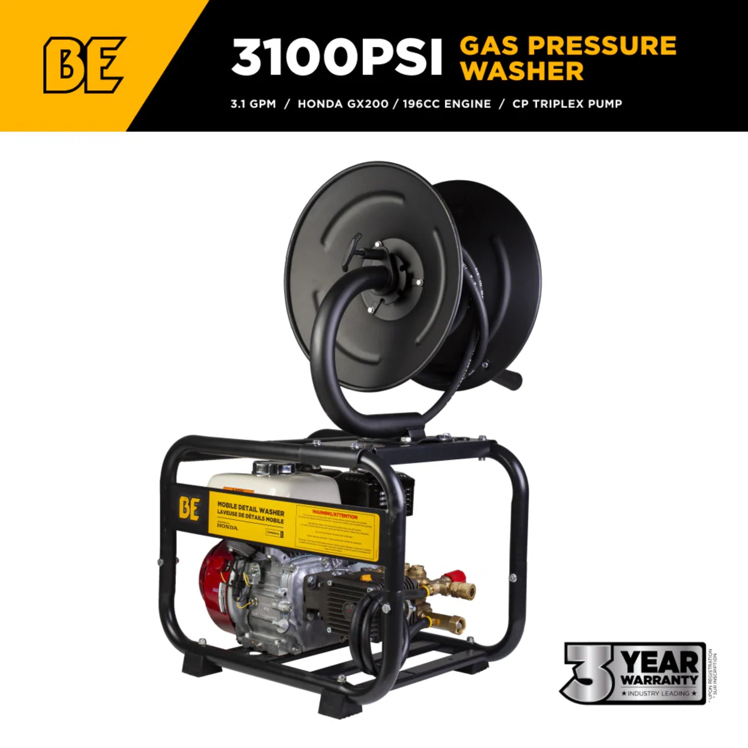 BE Power 3,100 PSI Mobile Detail Pressure Washer with Honda GX200