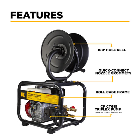 BE Power 3,100 PSI Mobile Detail Pressure Washer with Honda GX200