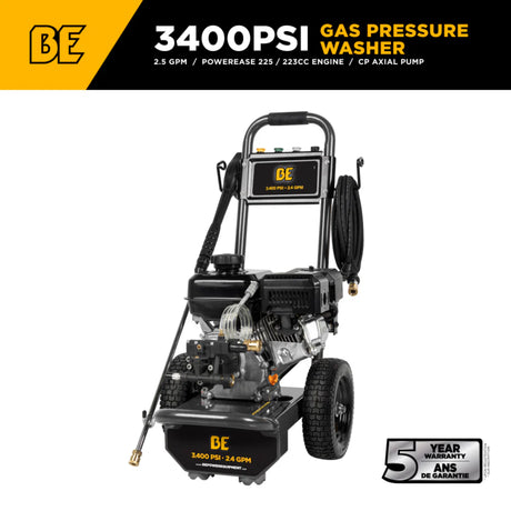 BE Power 3,400 PSI Cold Water Gas Pressure Washer with Powerease R225 Engine
