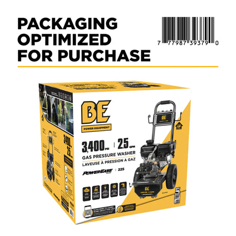 BE Power 3,400 PSI Cold Water Gas Pressure Washer with Powerease R225 Engine
