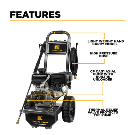 BE Power 3,400 PSI Cold Water Gas Pressure Washer with Powerease R225 Engine