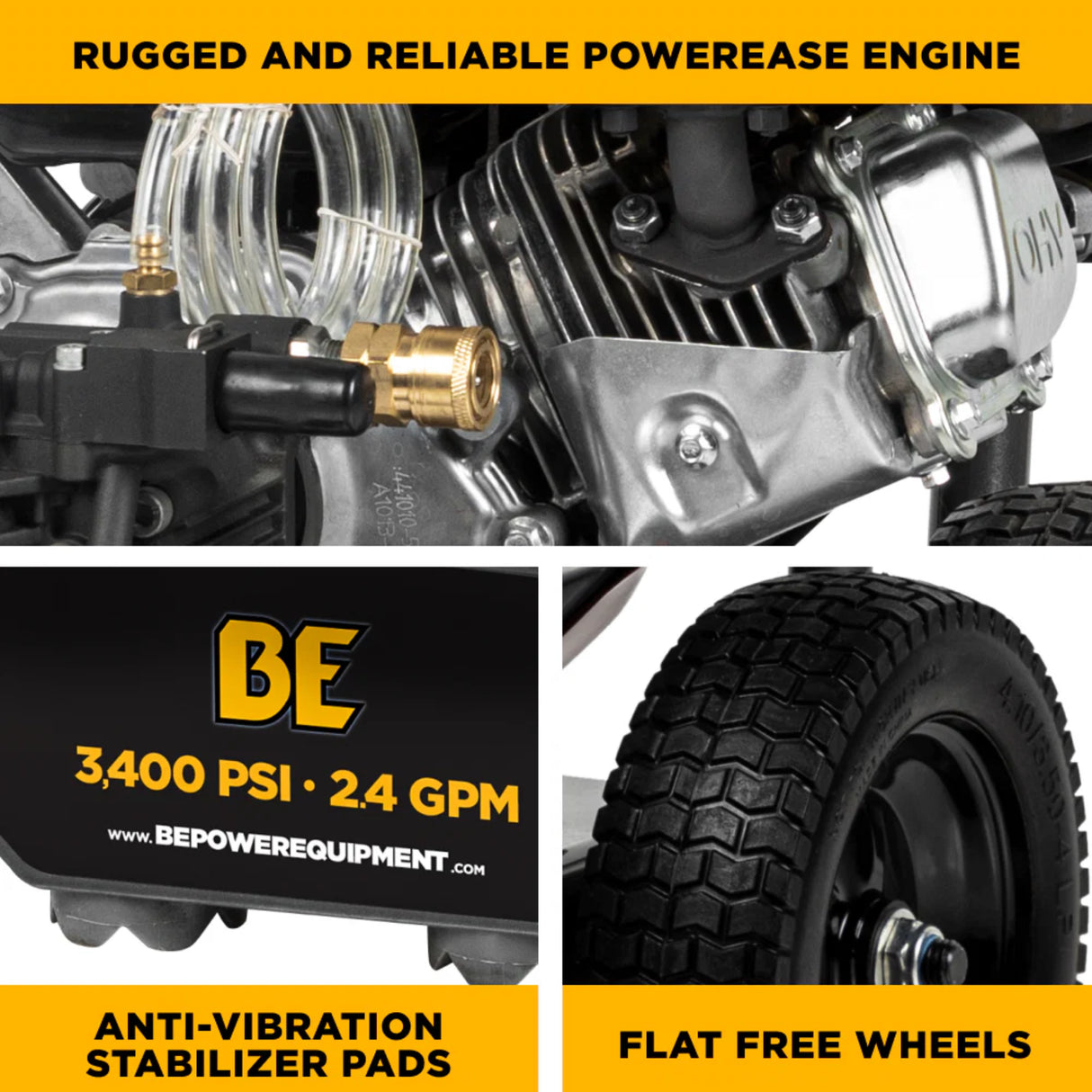BE Power 3,400 PSI Cold Water Gas Pressure Washer with Powerease R225 Engine