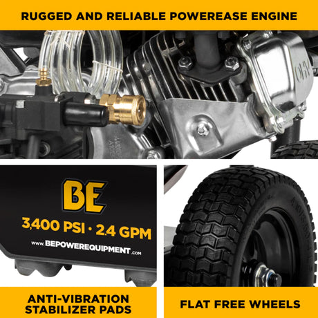 BE Power 3,400 PSI Cold Water Gas Pressure Washer with Powerease R225 Engine