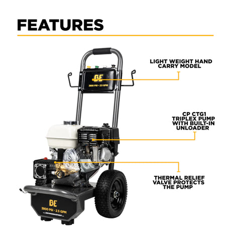 BE Power 3,800 PSI Cold Water Gas Pressure Washer with Honda GX200 Engine