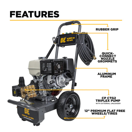 BE Power 4,200 PSI Steel-Frame Cold Water Gas Pressure Washer with Honda GX390