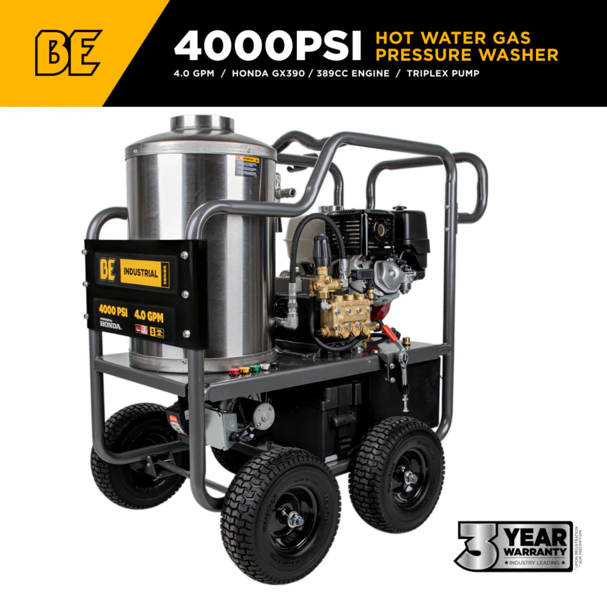 BE Power 4,000 PSI Belt-Drive Hot Water Pressure Washer with Honda GX390 Engine