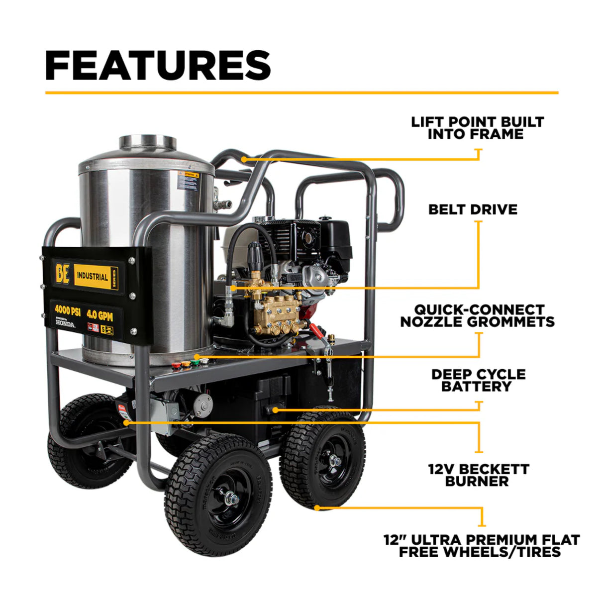 BE Power 4,000 PSI Belt-Drive Hot Water Pressure Washer with Honda GX390 Engine