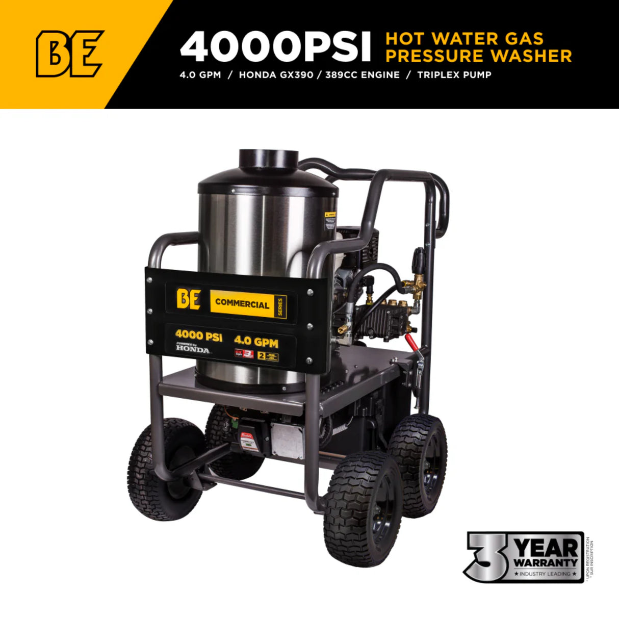 BE Power 4,000 PSI Hot Water Pressure Washer with Honda GX390 Engine