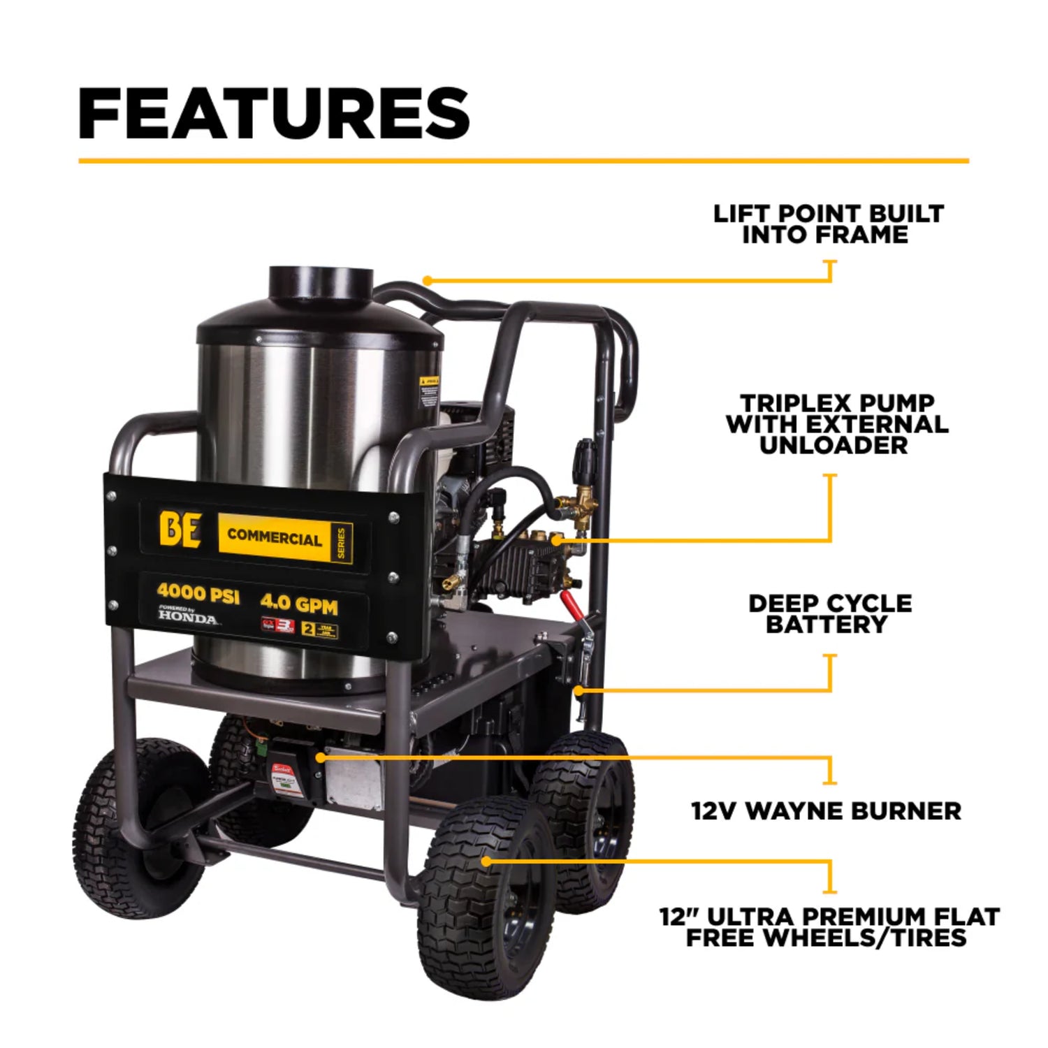 BE Power 4,000 PSI Hot Water Pressure Washer with Honda GX390 Engine