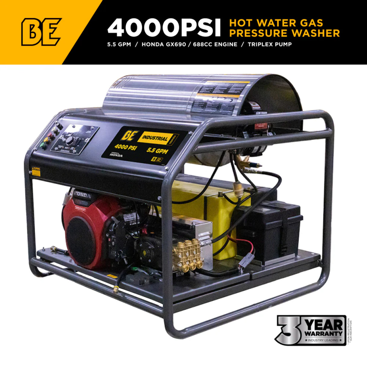 BE Power 3,500 PSI Truck-Mount Hot Water Pressure Washer with Honda GX690 Engine