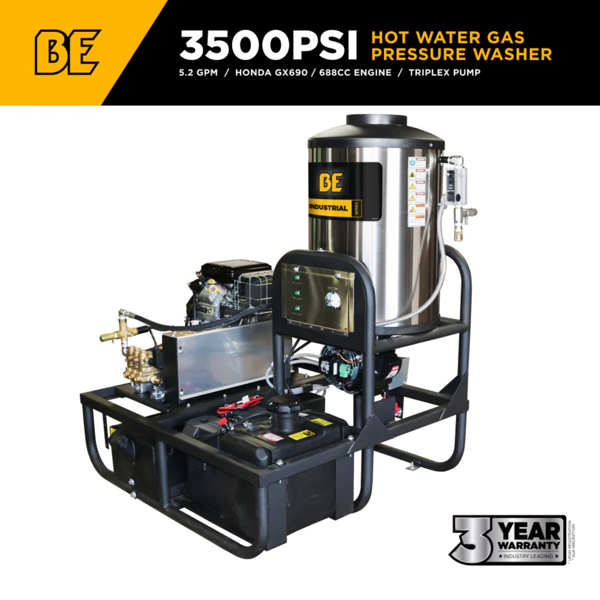 BE Power 3,500 PSI Industrial Truck-Mount Hot Water Pressure Washer with Honda GX690