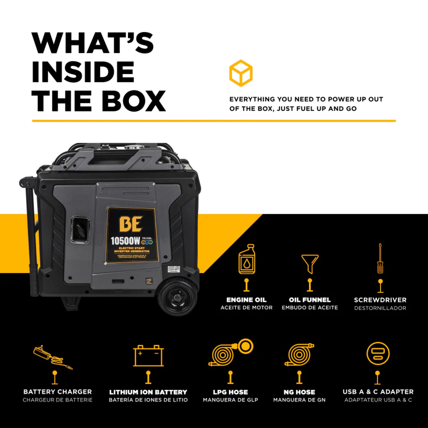 BE Power Equipment BE10500IT 10500W Tri-Fuel Digital Portable Inverter 458cc Generator