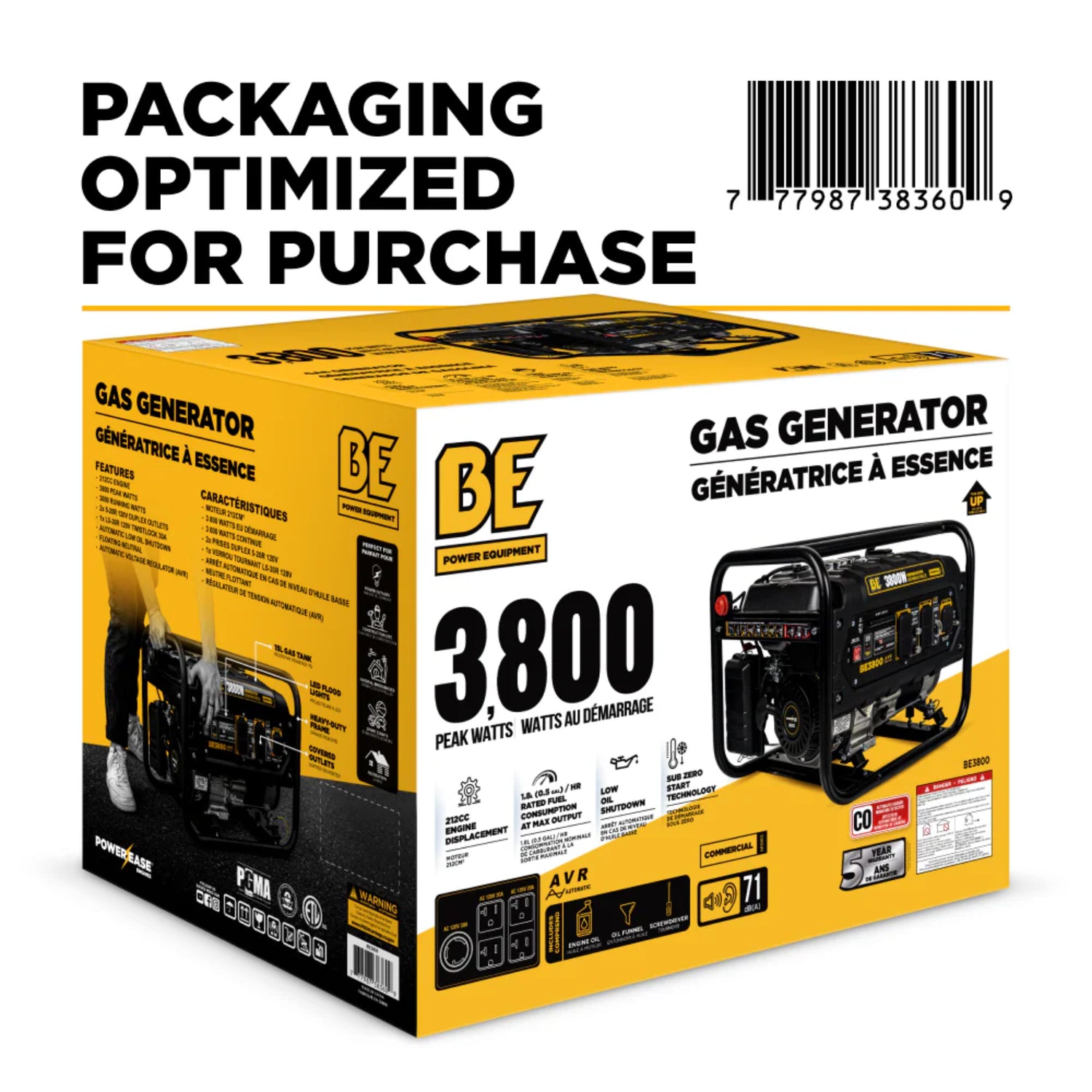 BE Power Equipment 3800W Portable Generator, Powerease 212cc Engine