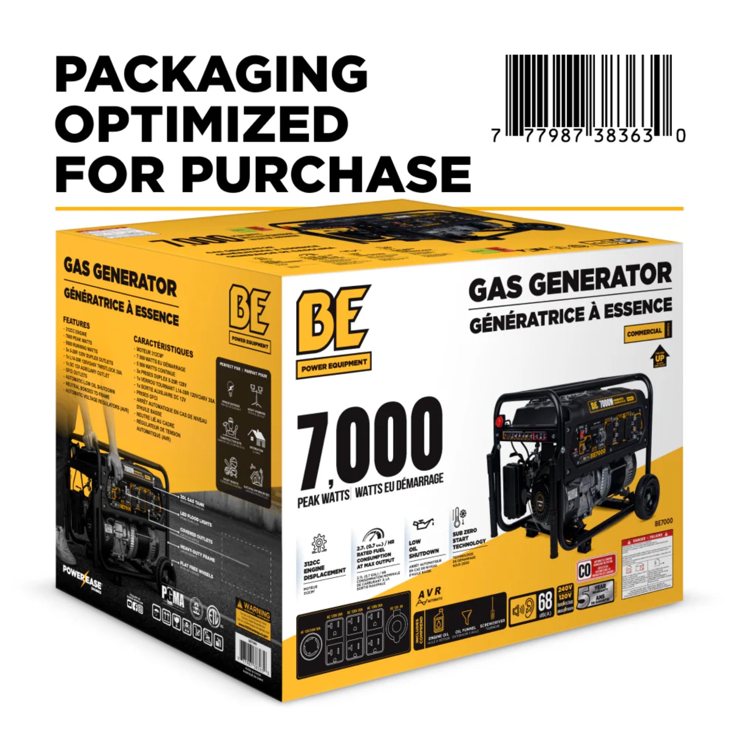 BE Power Equipment 7000W Portable Generator, Powerease 312cc Engine