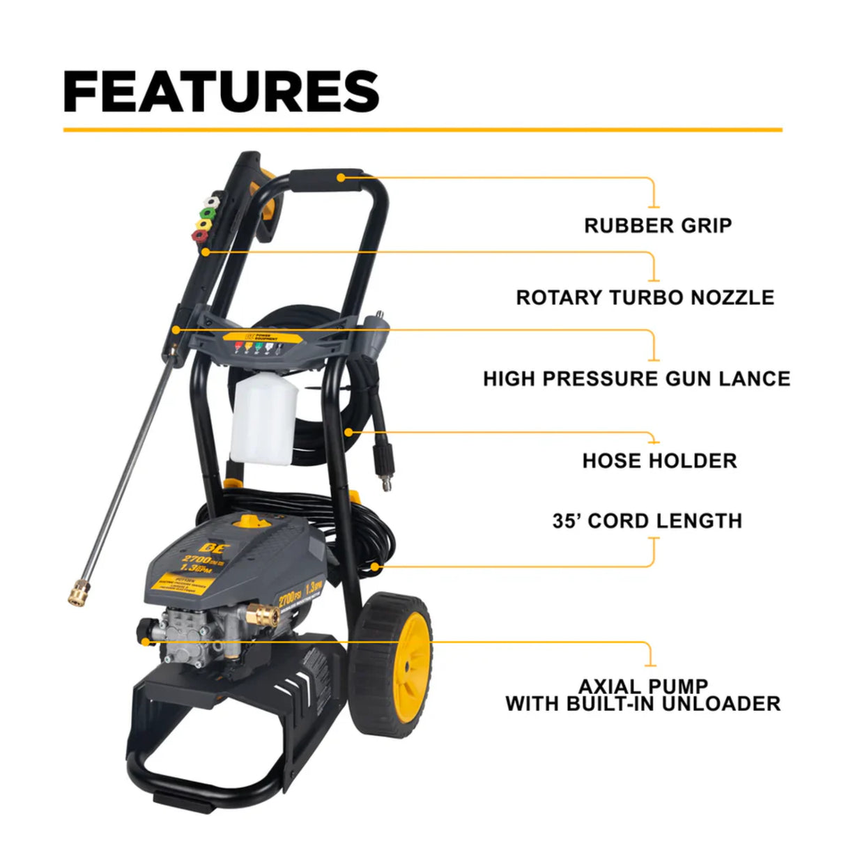 BE Power P2713EN 2,700 PSI 1.3 GPM Cold Water Electric Pressure Washer