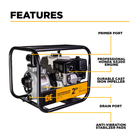 BE Power 2" High-Pressure Water Transfer Pump with Honda GX200 Engine