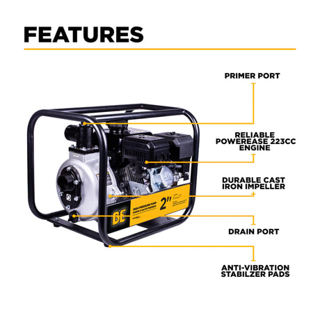BE Power 2" High-Pressure Water Transfer Pump with Powerease 225 Engine