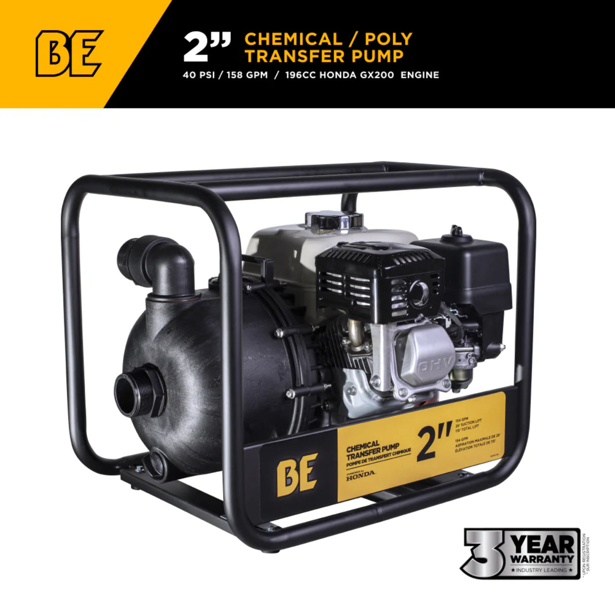 BE Power 2" Gas-Powered Chemical Transfer Pump with Honda GX200 Engine