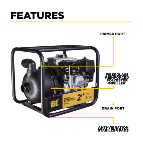 BE Power 2" Gas-Powered Chemical Transfer Pump with Honda GX200 Engine