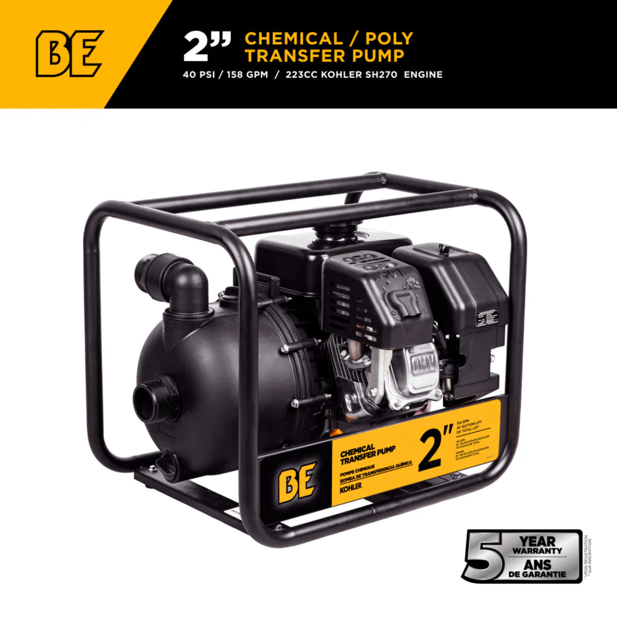 BE Power 2" Gas-Powered Chemical Transfer Pump with Kohler SH270 Engine