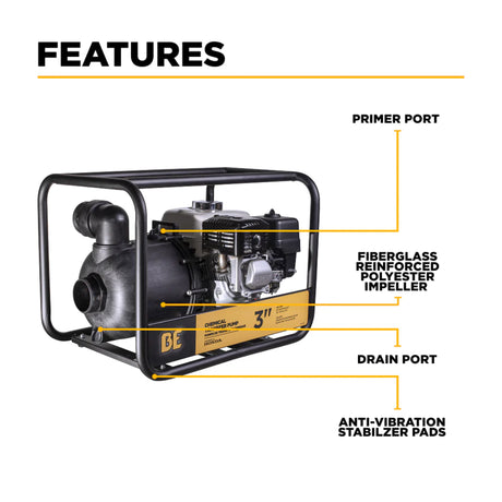 BE Power 3" Gas-Powered Chemical Transfer Pump with Honda GX200 Engine