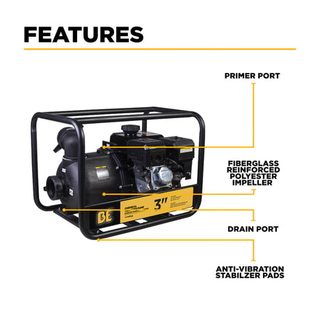 BE Power 3" Gas-Powered Chemical Transfer Pump with Powerease 225 Engine