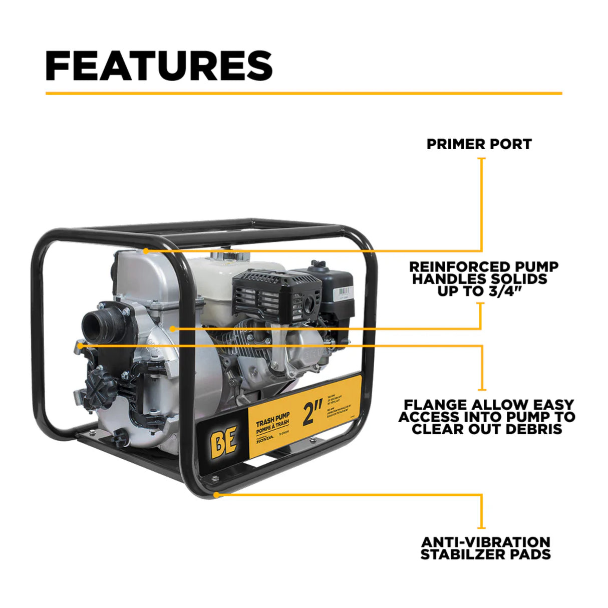 BE Power 2" Trash Transfer Pump with Honda GX200 Engine