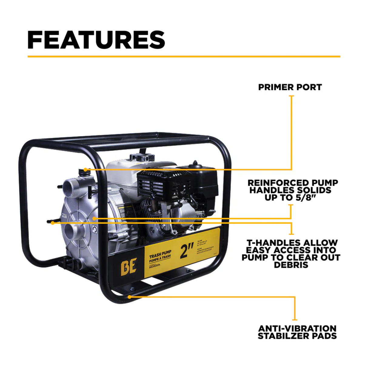 BE Power 2" Gas-Powered Semi-Trash Transfer Pump with Honda GX200 Engine