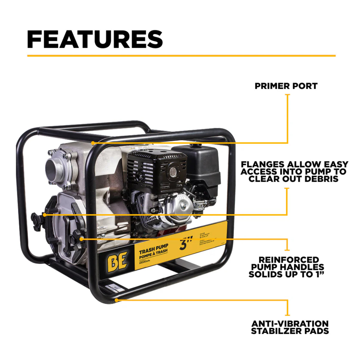 BE Power 3" Gas-Powered Trash Transfer Pump with Honda GX390 Engine